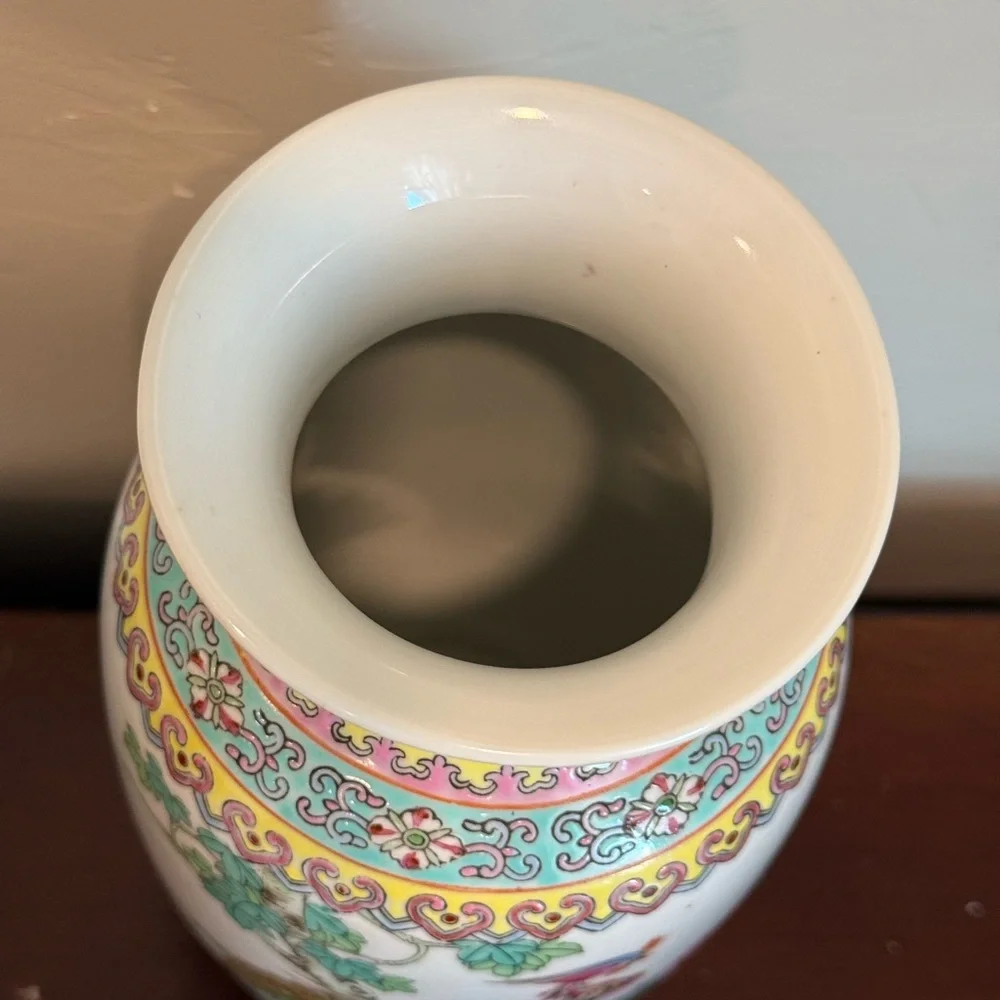 Antique Chinese Ceramic Vase w/ Bird & Floral Design‎ signed w/ poem enscribed